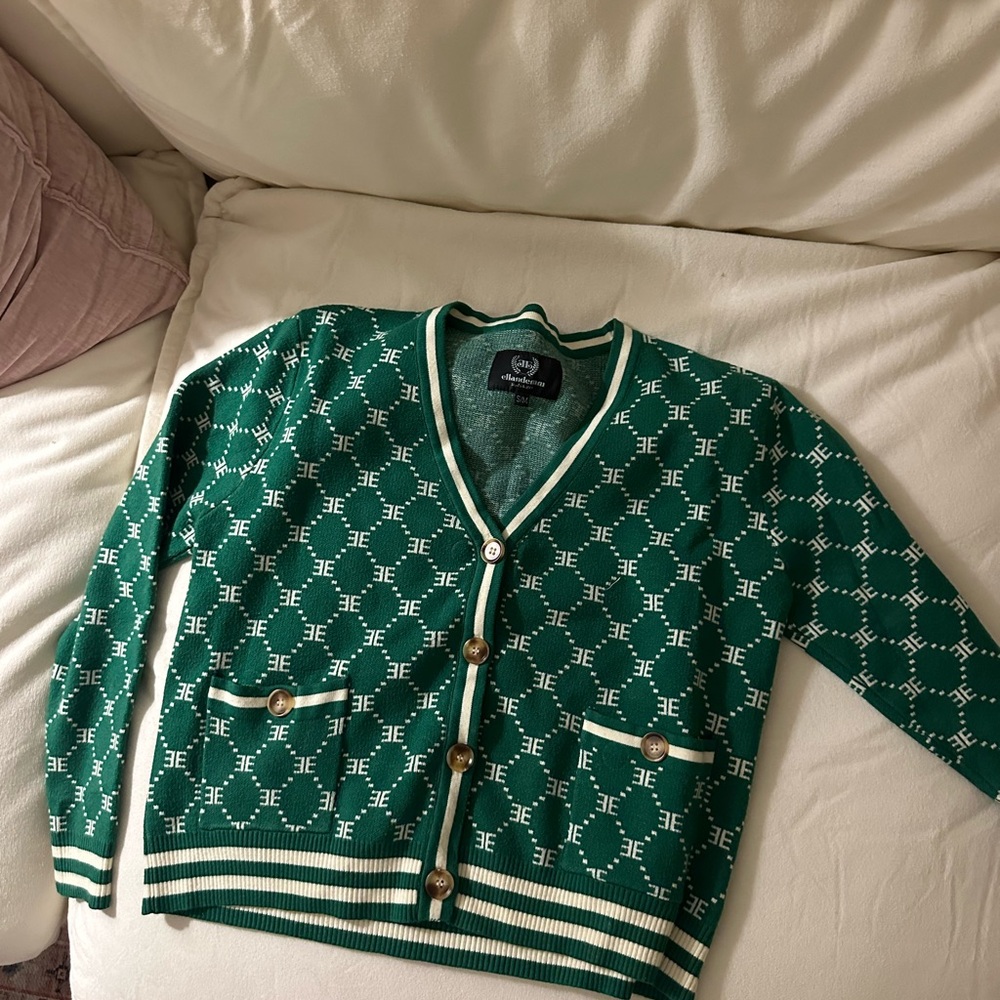 Green and White Cardigan Sweater